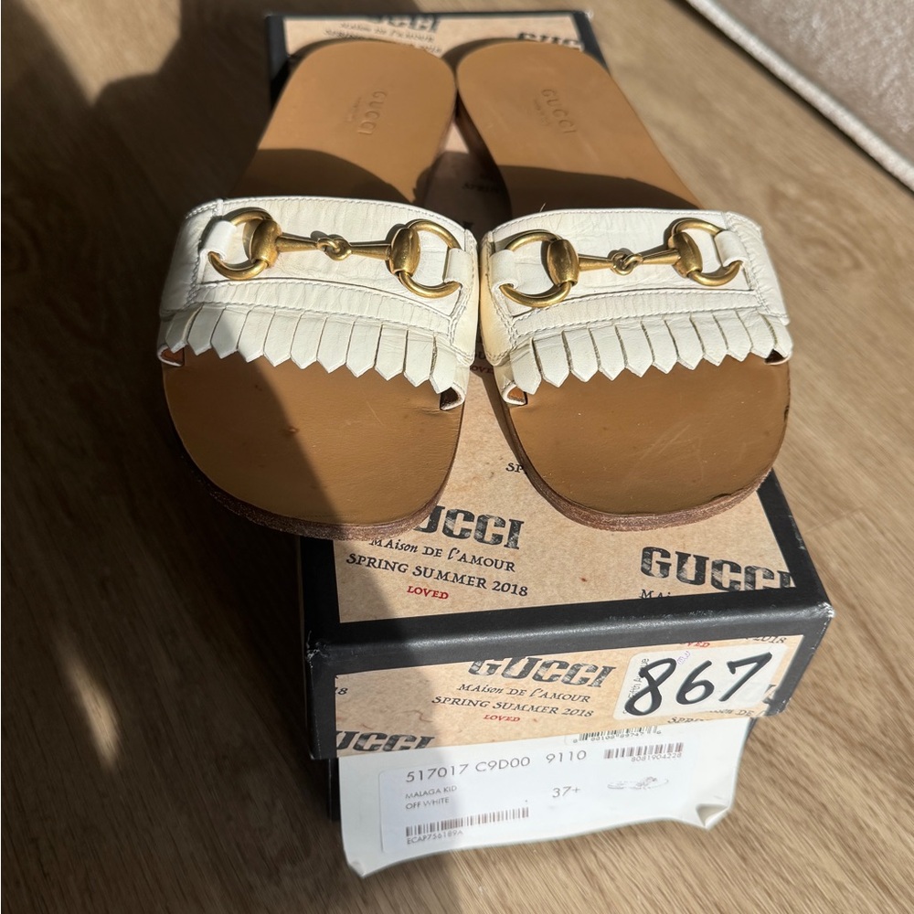 Gucci off white and Gold malaga kid Fringe Slide Sandals